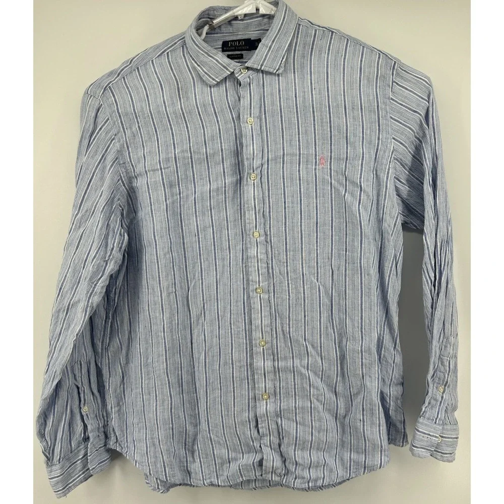 Polo Ralph Lauren Custom Fit‎ Long Sleeve Button Down 100% Linen Blue White 2XL